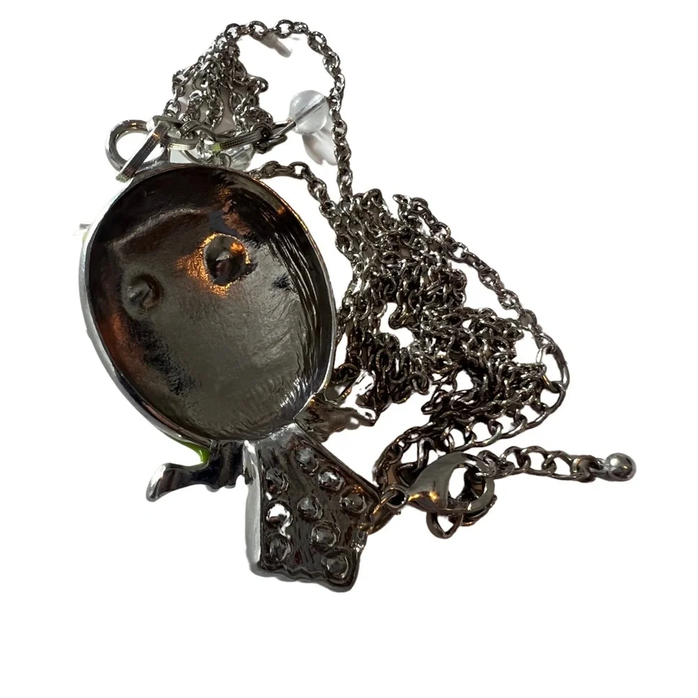 Owl Pendant Necklace in Green Pink Enamel with Clear Rhinestones Silver Tone